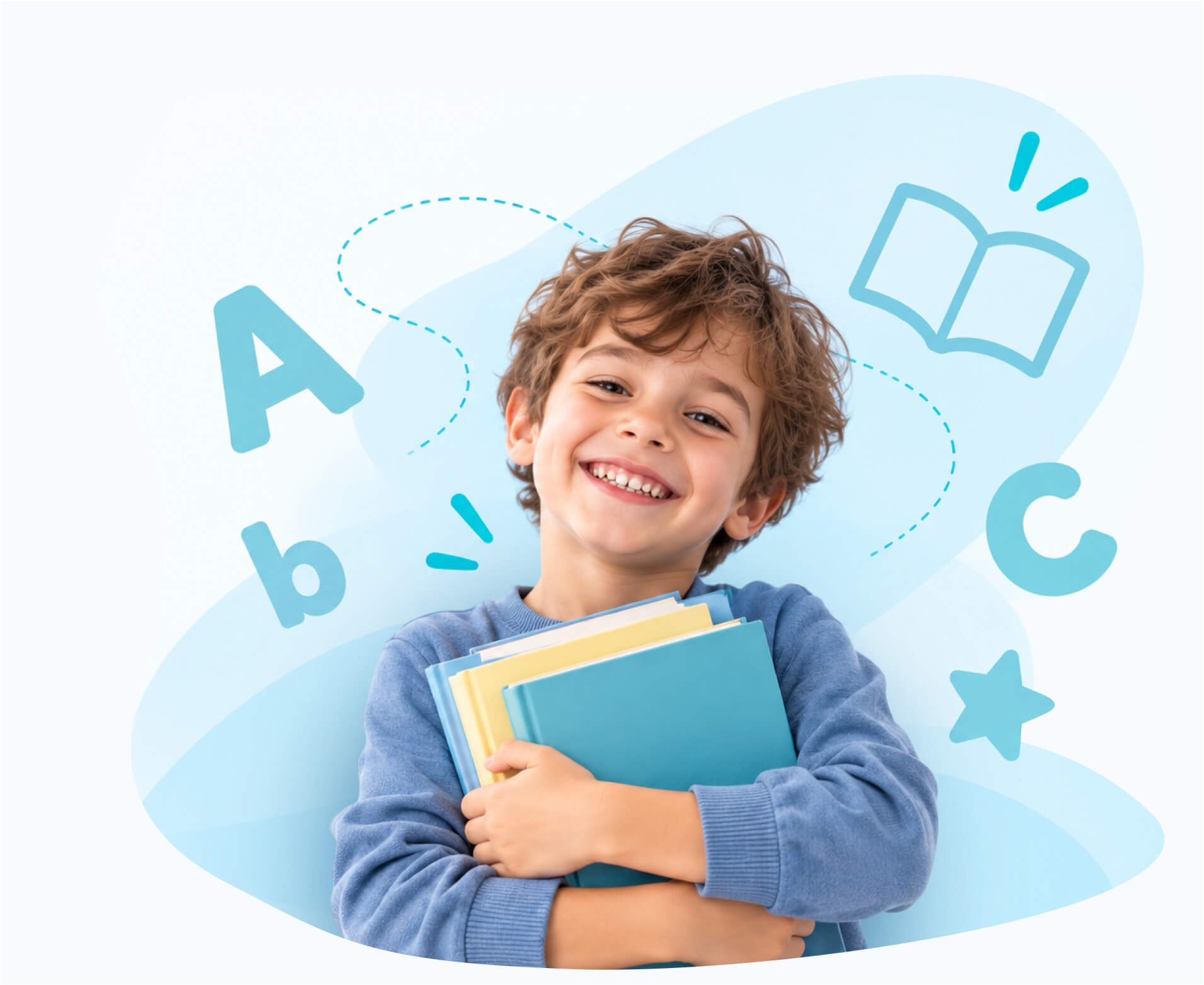 Niño sonriente sosteniendo libros, rodeado de letras