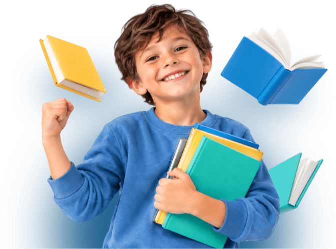Ilustración del programa IDECOL: un niño sonriente rodeado de libros