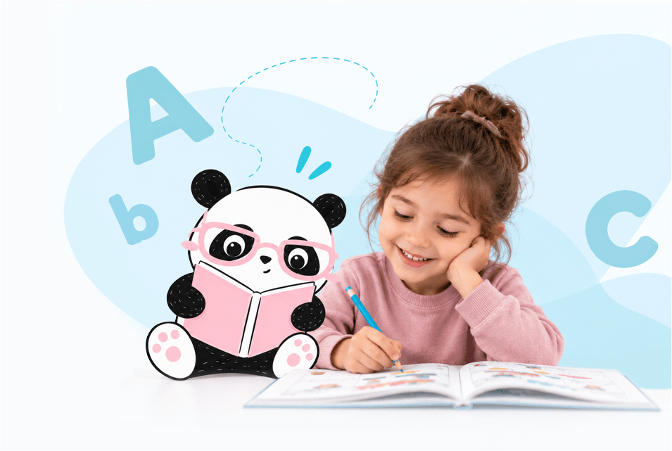 Ilustración del programa PANDA: un panda leyendo junto a una niña que escribe
